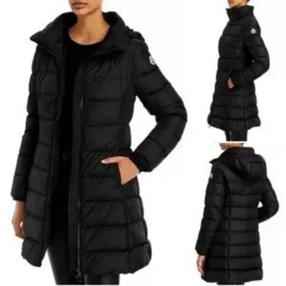 Moncler Flamme Giubbotto Black Zip Hooded Goose Down Midi Puffer Coat 0 US/XS - Picture 1 of 16